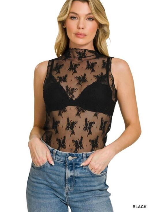 Tops - Black Sheer Floral Lace Sleeveless Top
